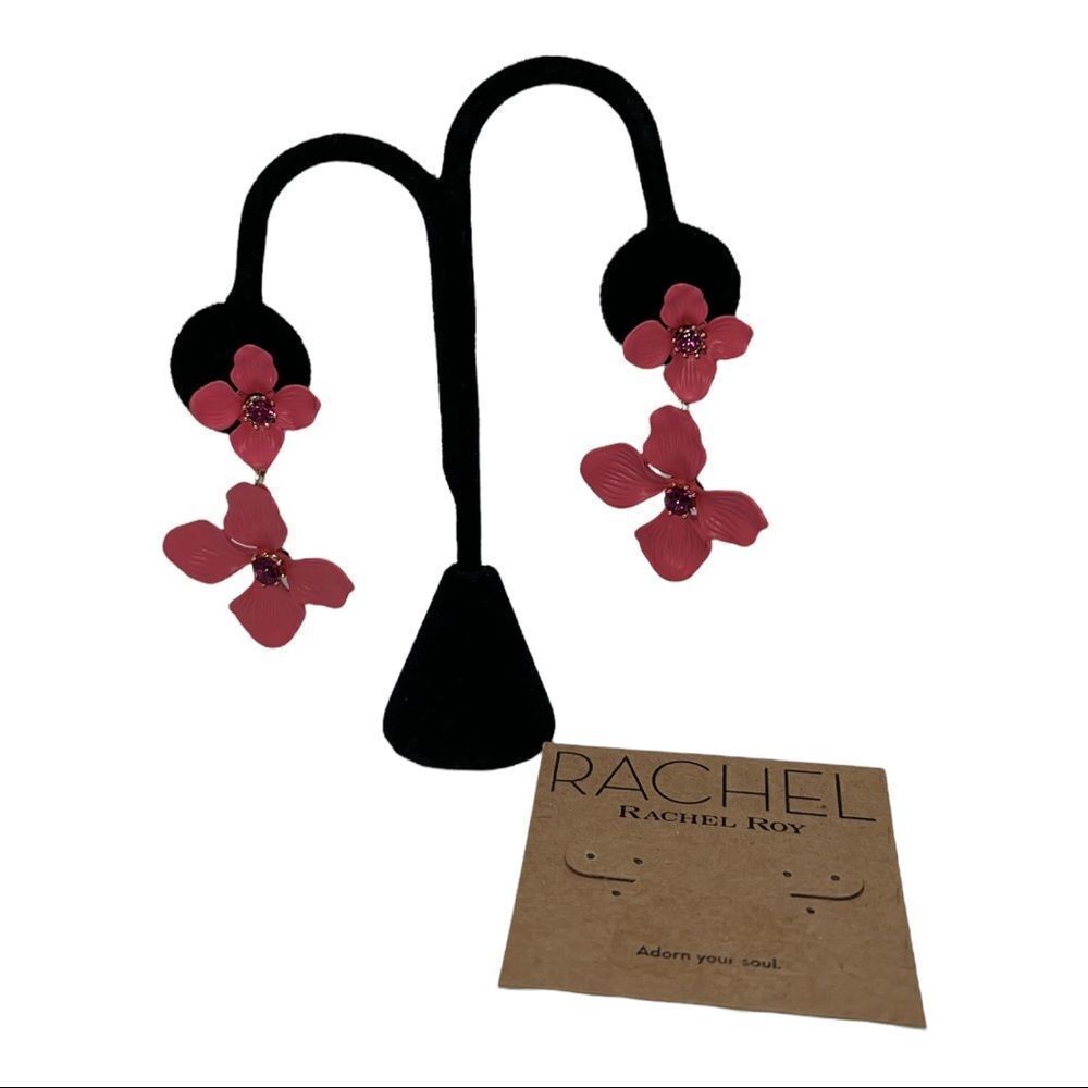 RACHEL Rachel Roy Gold-Tone Pink Crystal Double Flower Statement Earrings New - Picture 3 of 7